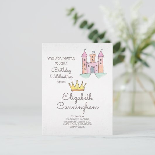 Waterverf Princess and Unicorn Birthday Party Uitnodiging Briefkaart (Staand voorkant)