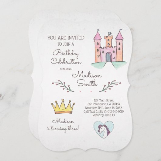 Waterverf Prinses Unicorn Birthday Uitnodiging (Voorkant / Achterkant)