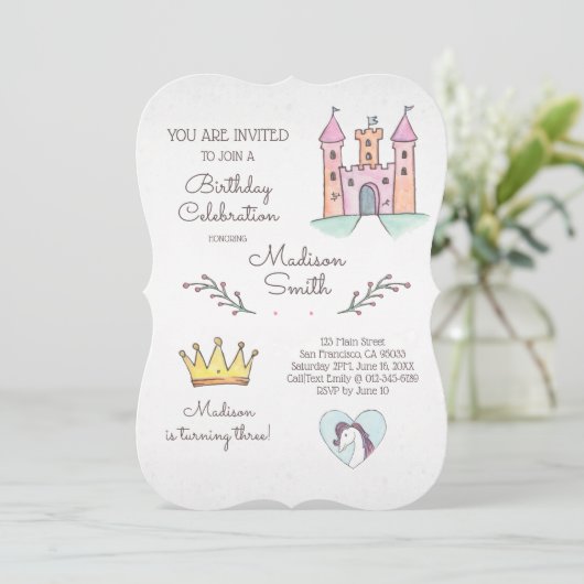 Waterverf Prinses Unicorn Birthday Uitnodiging (Staand voorkant)