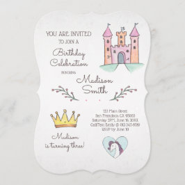 Waterverf Prinses Unicorn Birthday Uitnodiging