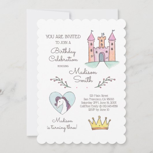 Waterverf Prinses Unicorn Birthday Uitnodiging (Voorkant)