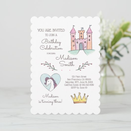 Waterverf Prinses Unicorn Birthday Uitnodiging (Staand voorkant)