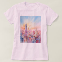 Waterverf Print, New York City, Blauw Roze T-shirt