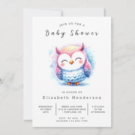 Waterverf Printable Owl Baby shower Kaart (Voorkant)