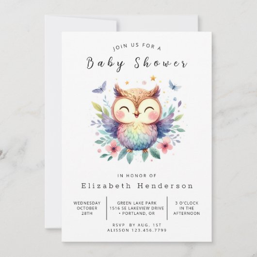 Waterverf Printable Owl Baby shower Kaart (Voorkant)