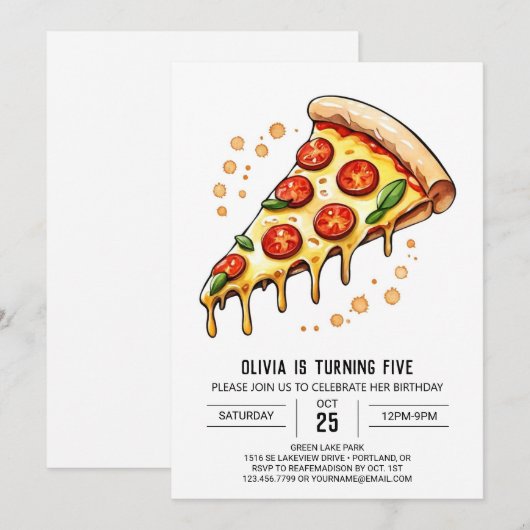 Waterverf Printable Pizza Verjaardag Kaart (Voorkant / Achterkant)