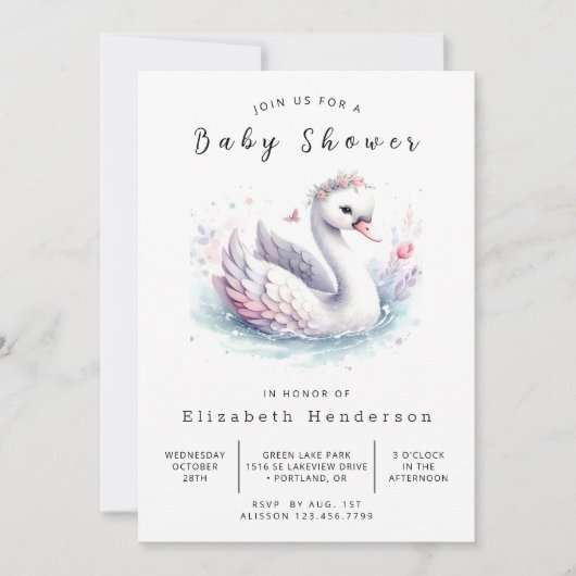 Waterverf Printable Swan Baby shower Kaart (Voorkant)