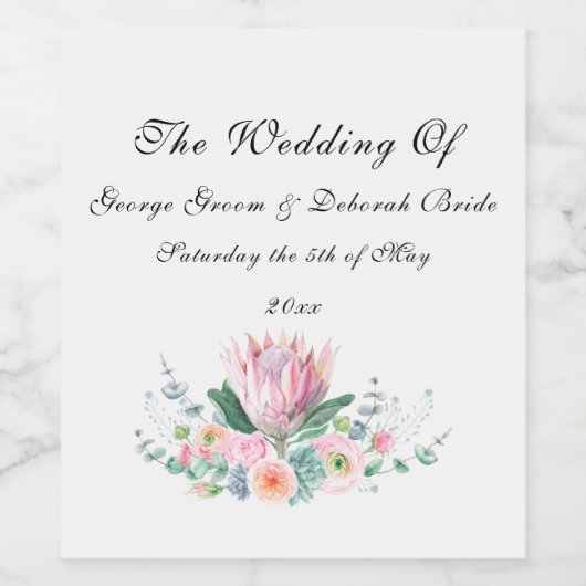 Waterverf Protea bruiloft Wijn Etiket (Enkel label)