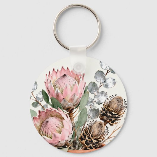 Waterverf Protea Eucalyptus Boeket Sleutelhanger (Voorkant)