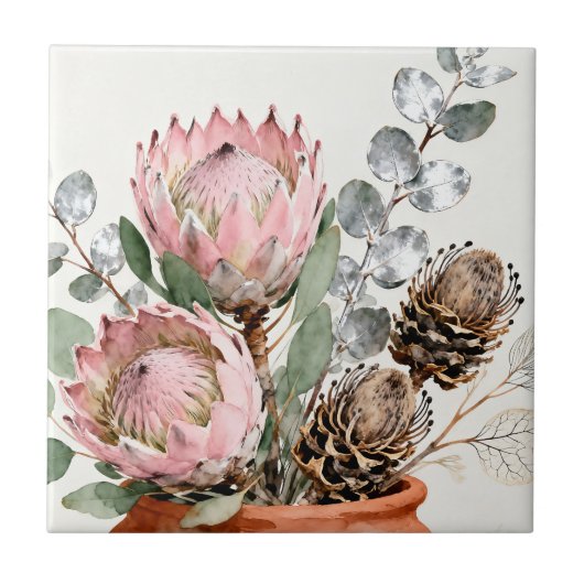 Waterverf Protea Eucalyptus Boeket Tegeltje (Voorkant)
