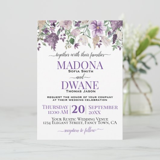 Waterverf Pruim en Lila Bloemen Kaart (Staand voorkant)