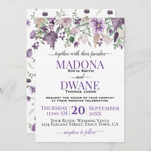 Waterverf Pruim en Lila Bloemen Kaart (Voorkant / Achterkant)