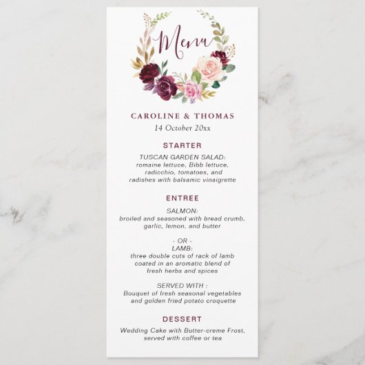 Waterverf pruim paarse & perzik bruiloft menu (Voorkant)