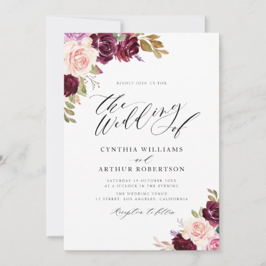 Waterverf  pruimen paarse bruiloft kaart (Voorkant)