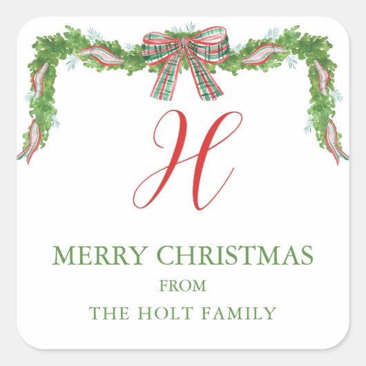 Waterverf Pset Bow Garland kerst Vierkante Sticker (Voorkant)