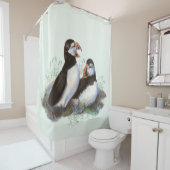 Waterverf Puffin Bird Familie Licht Groene achterg Douchegordijn (In situ)