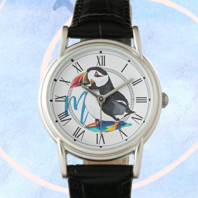 Waterverf Puffin Bird + Monogram in het wild leven Horloge (Creator heeft geüpload)
