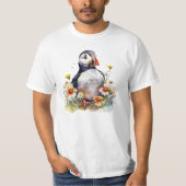Waterverf Puffin in een kleurrijk bloemenveld T-shirt (Voorkant)