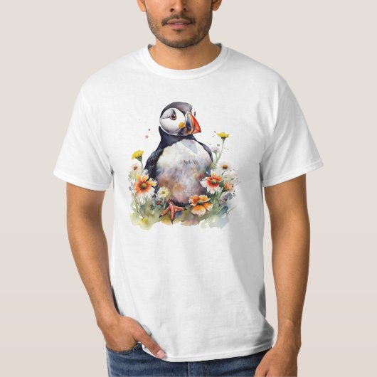 Waterverf Puffin in een kleurrijk bloemenveld T-shirt (Voorkant)