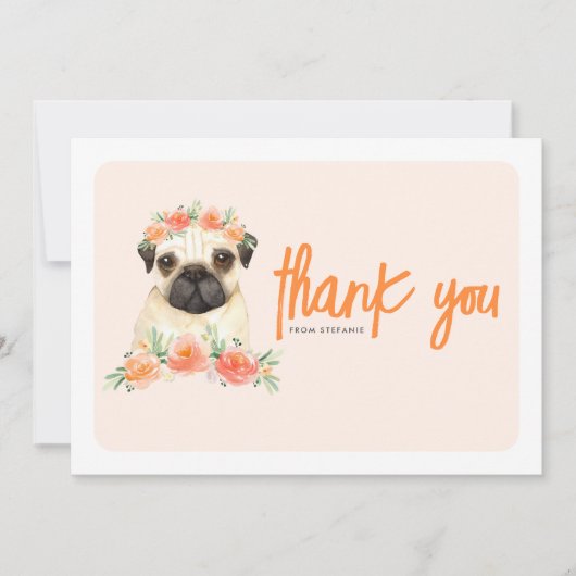 Waterverf Pug en Perzik Bloemen Verjaardagsfeest Bedankkaart (Voorkant)