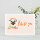 Waterverf Pug en Perzik Bloemen Verjaardagsfeest Bedankkaart (Staand voorkant)