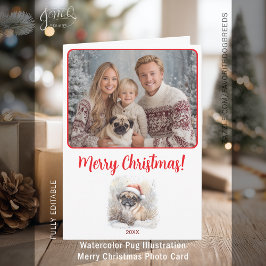 Waterverf Pug Illustratie Vrolijke Kerstfoto Kaart