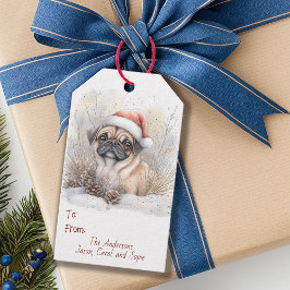 Waterverf Pug in Santa Hat Christmas Gift Label Cadeaulabel