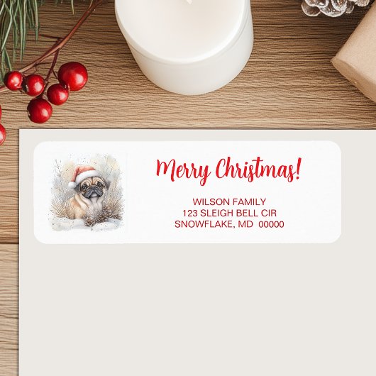Waterverf Pug in Santa Hat Vrolijke Kerstterugkeer Etiket