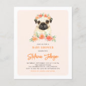 Waterverf Pug Peach Floral Baby shower Uitnodiging (Voorkant)