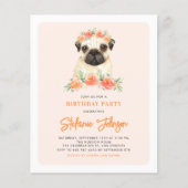 Waterverf Pug Peach Floral Birthday Uitnodiging (Voorkant)