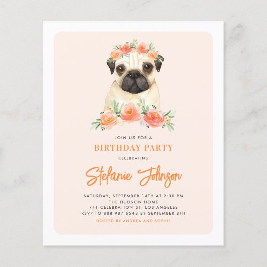 Waterverf Pug Peach Floral Birthday Uitnodiging (Voorkant)