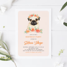 Waterverf Pug Peach Floral Birthday Uitnodiging