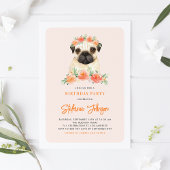 Waterverf Pug Peach Floral Birthday Uitnodiging