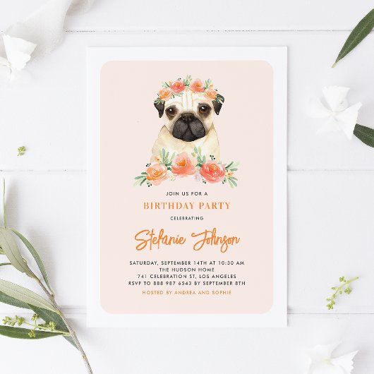 Waterverf Pug Peach Floral Birthday Uitnodiging