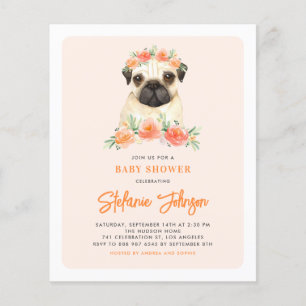 Waterverf Pug Peach Floral Birthday Uitnodiging