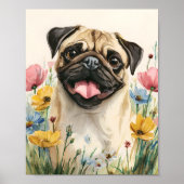 Waterverf Pug Portret Wall Art – Schattigee Pug Po Poster (Voorkant)