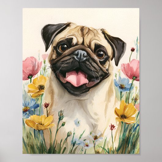 Waterverf Pug Portret Wall Art – Schattigee Pug Po Poster (Voorkant)