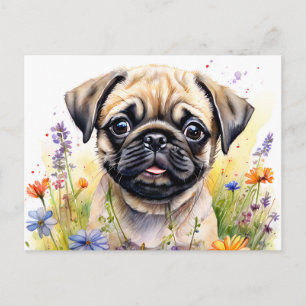Waterverf Pug Puppy in Wildflowers Delight Briefkaart