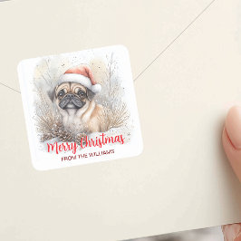 Waterverf Pug Santa Hat Vrolijke kerstvakantie Vierkante Sticker