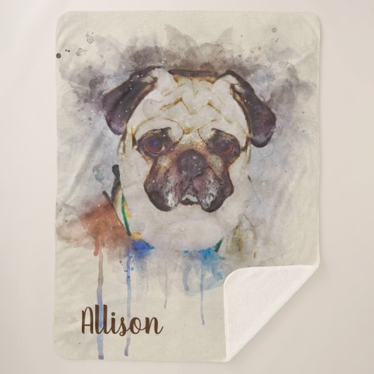 Waterverf Pug Sherpa Deken (Voorkant)