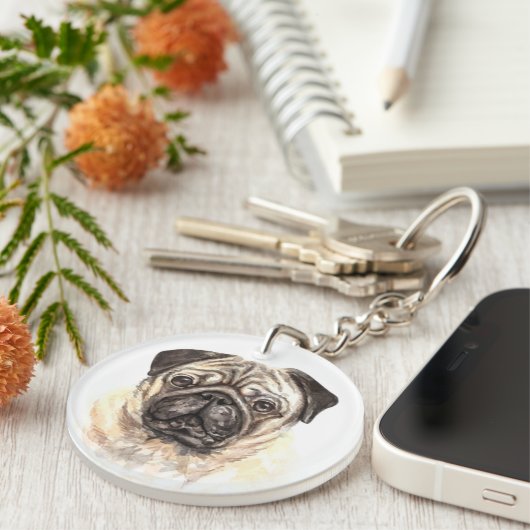 Waterverf Pug Sleutelhanger (Voorkant Rechts)