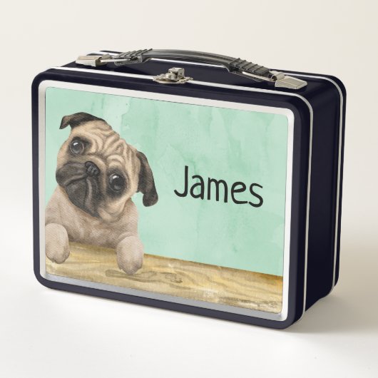 Waterverf Pug voeg uw eigen naam Metal Lunch Box t (Voorkant)