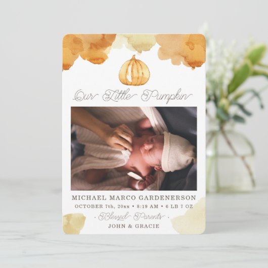 Waterverf Pumpkin Baby Aankondiging (Staand voorkant)