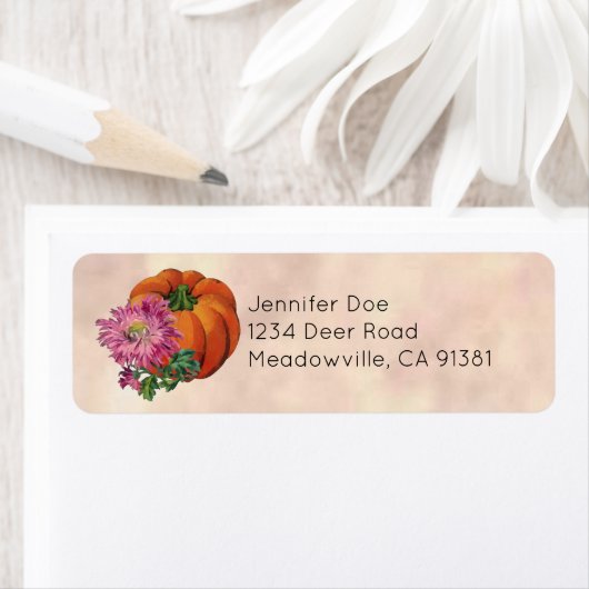 Waterverf Pumpkin en Paars Chrysanthemum Etiket (Insitu)
