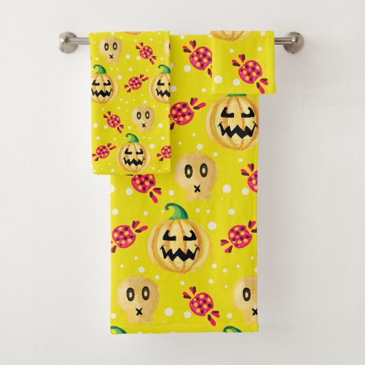 Waterverf Pumpkin en Snoep Halloween Pattern Bad Handdoek (Insitu)