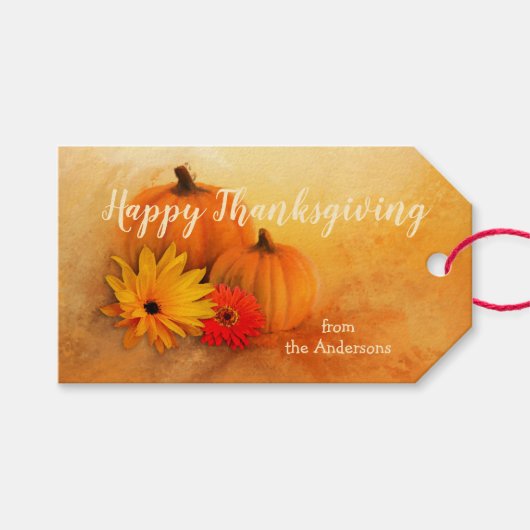 Waterverf Pumpkin Floral Thanksgiving Gift Label Cadeaulabel (Voorkant (Horizontaal))
