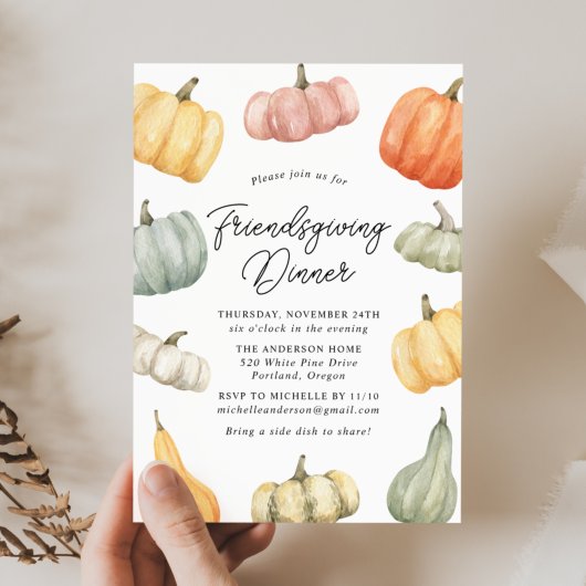 Waterverf Pumpkin Friendsgiving Dinner Invitation Kaart