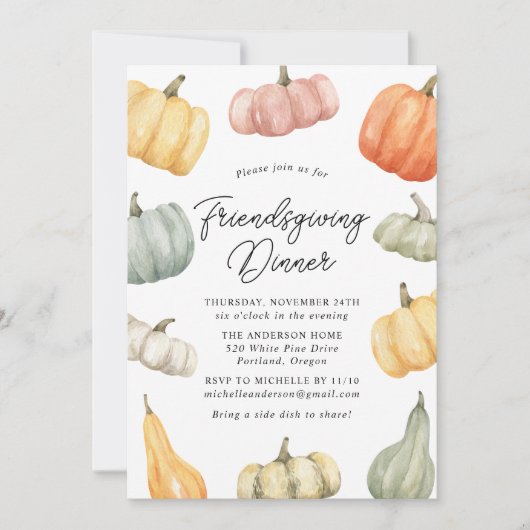 Waterverf Pumpkin Friendsgiving Dinner Invitation Kaart (Voorkant)