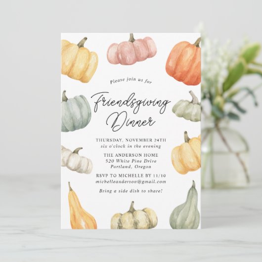 Waterverf Pumpkin Friendsgiving Dinner Invitation Kaart (Staand voorkant)