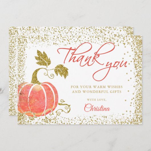 Waterverf Pumpkin Gold Glitter Herfst Hartelijk da Bedankkaart (Voorkant / Achterkant)